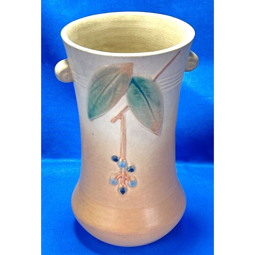 Weller Cornish Art Pottery Vase Buff Tan Matte Glaze Leaf & Berry Double Handle